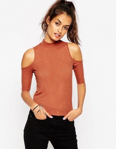 ASOS Top With Long Sleeves In Fancy Rib And Cold Shoulder in rust. Cold shoulder tops | semi sheer stretch jersey | womens casual fashion - flipped