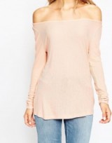 ASOS Top with Off Shoulder Detail in Slouchy Fabric in nude. Off the shoulder tops | fine ribbed