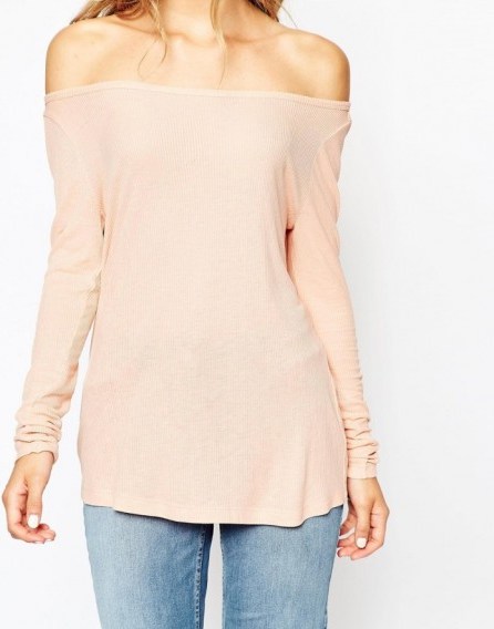 ASOS Top with Off Shoulder Detail in Slouchy Fabric in nude. Off the shoulder tops | fine ribbed - flipped