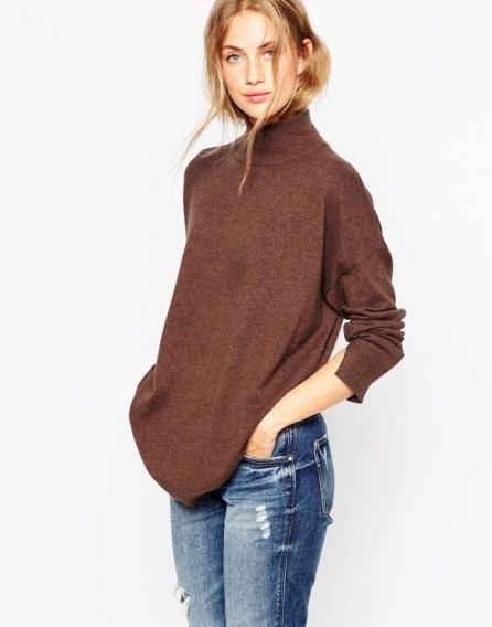 Casual luxe…ASOS Tunic With High Neck In Cashmere Blend chocolate. Luxury style knitwear ~ knitted tunics ~ turtleneck sweaters ~ womens oversized jumpers - flipped