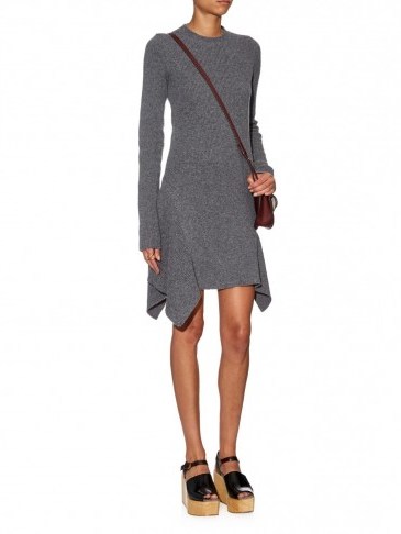 STELLA MCCARTNEY Asymmetric ribbed-knit dress in grey. Luxury knitted dresses | womens designer knitwear | winter fashion - flipped