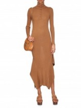 STELLA MCCARTNEY Asymmetric-hem wool-knit dress in camel. Designer knitted dresses | luxury knitwear | winter fashion