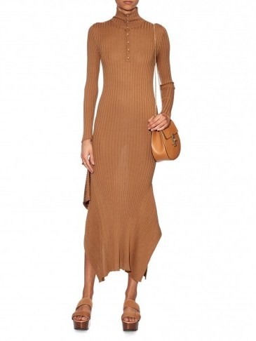 STELLA MCCARTNEY Asymmetric-hem wool-knit dress in camel. Designer knitted dresses | luxury knitwear | winter fashion - flipped