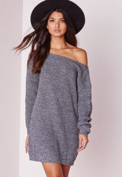 Missguided Ayvan off shoulder knitted sweater dress grey marl. knitwear – knitted dresses – autumn / winter style - flipped