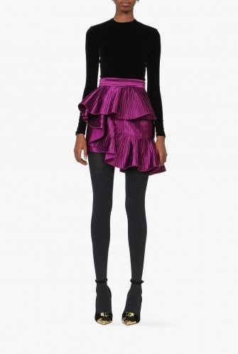 BALMAIN ruffled pleated satin mini skirt purple ~ luxury ruffle skirts ~ womens designer occasion wear - flipped