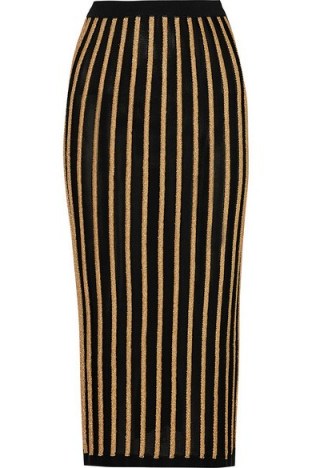 BALMAIN Striped stretch-knit skirt – as worn by Chrissy Teigen out for the evening in Los Angeles, 27 October 2015. Celebrity fashion | star style | designer knitwear | knitted pencil skirts | what celebrities wear - flipped