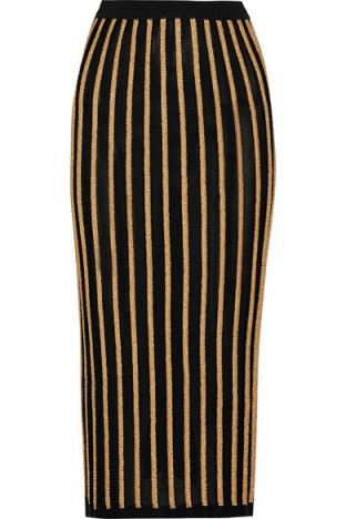 BALMAIN Striped stretch-knit skirt – as worn by Chrissy Teigen out for the evening in Los Angeles, 27 October 2015. Celebrity fashion | star style | designer knitwear | knitted pencil skirts | what celebrities wear