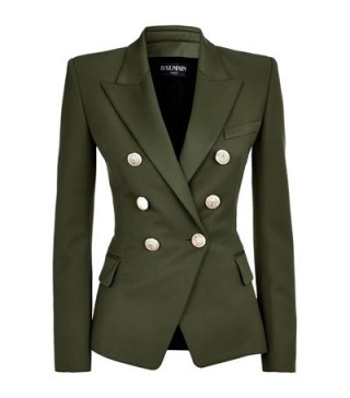 Balmain Wool Double-Breasted Jacket khaki green – as worn by Kim Kardashian on the new Keeping Up With The Kardashians, October 2015. Celebrity fashion | star style | designer blazers | smart luxury jackets | what celebrities wear