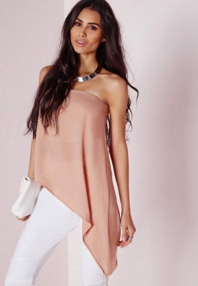 Missguided bandeau asymmetric hem top nude. Pale pink evening tops – going out fashion – strapless style - flipped