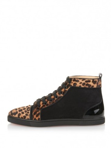 CHRISTIAN LOUBOUTIN Bip Bip suede high-top trainers. Animal prints – designer sports shoes – casual footwear - flipped