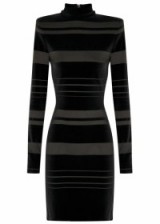 BALMAIN Black striped velvet and cotton blend dress in black – as worn by Natasha Shishmanian, wife of Chris Evans, at the world premiere of Spectre at the Royal Albert Hall, London, 26 October 2015. Celebrity fashion | star style | designer dresses | LBD | what celebrities wear