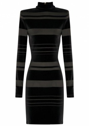 BALMAIN Black striped velvet and cotton blend dress in black – as worn by Natasha Shishmanian, wife of Chris Evans, at the world premiere of Spectre at the Royal Albert Hall, London, 26 October 2015. Celebrity fashion | star style | designer dresses | LBD | what celebrities wear - flipped