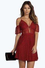 boohoo Boutique Ally Lace Cut Out Detail Skater Dress berry. Party dresses ~ going out fashion ~ evening glamour