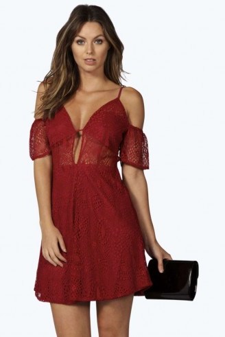 boohoo Boutique Ally Lace Cut Out Detail Skater Dress berry. Party dresses ~ going out fashion ~ evening glamour - flipped
