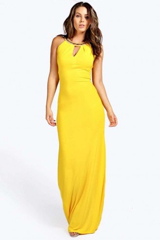 boohoo Boutique Ava Embellished Collar Maxi Dress yellow. Long party dresses ~ evening fashion ~ going out glamour