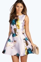 boohoo Boutique Floral Satin Seam detail Fit & Flare Dress lilac. Party dresses / evening style / going out fashion