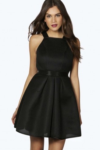 boohoo Boutique Pollie Bonded High Neck Skater Dress black. Party dresses / occasion wear / going out fashion - flipped
