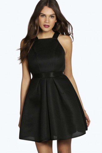 boohoo Boutique Pollie Bonded High Neck Skater Dress black. Party dresses / occasion wear / going out fashion