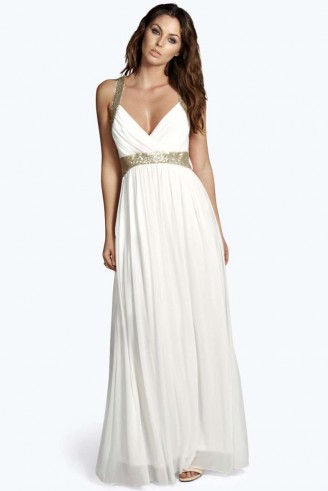 boohoo.com Boutique Soraya Sequin Panel Mesh Maxi Dress ivory. boohoo long party dresses ~ evening glamour ~ going out fashion