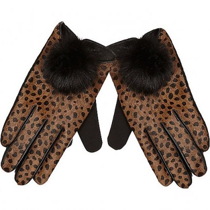 River Island Brown leather leopard print pom pom gloves. Animal prints – winter accessories – glamorous gloves - flipped