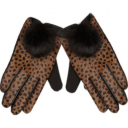 River Island Brown leather leopard print pom pom gloves. Animal prints – winter accessories – glamorous gloves