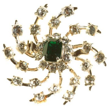 Alice Joseph Vintage 1950s Coro Spiral Design Diamante Brooch, Green/White – chic style brooches – 20th century jewellery – accessories - flipped