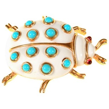 Alice Joseph Vintage 1960s Trifari Beetle Faux Enamel Brooch, White & turquoise – insect brooches – 20th century costume jewellery – accessories - flipped