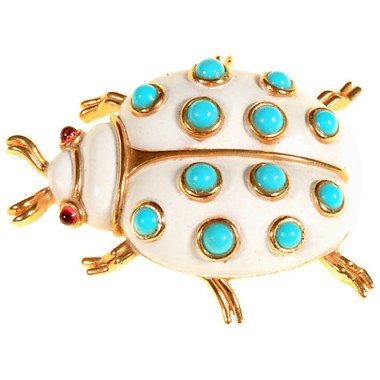 Alice Joseph Vintage 1960s Trifari Beetle Faux Enamel Brooch, White & turquoise – insect brooches – 20th century costume jewellery – accessories