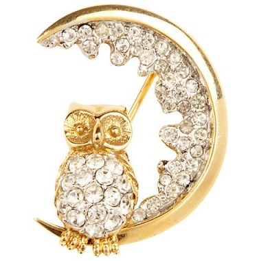 Susan Caplan Vintage 1960s Atwood & Sawyer Swarovski Crystal Night Owl Brooch – 20th century jewellery – bird brooches – accessories – crystals – owls – costume jewellery - flipped