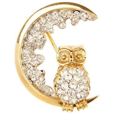 Susan Caplan Vintage 1960s Atwood & Sawyer Swarovski Crystal Night Owl Brooch – 20th century jewellery – bird brooches – accessories – crystals – owls – costume jewellery
