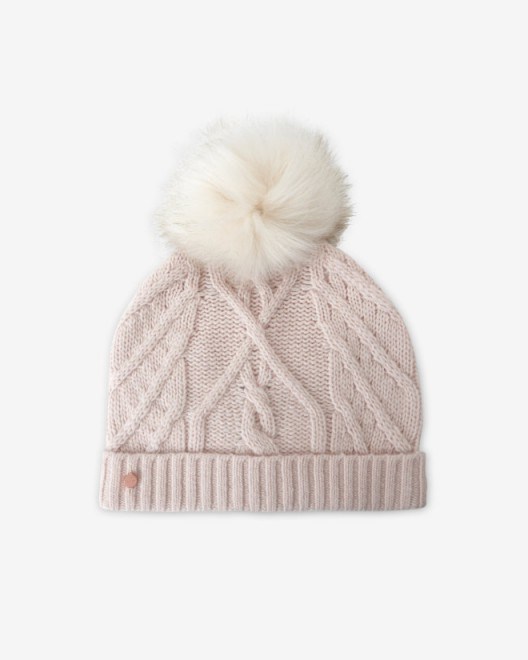 TED BAKER – ATEXIA Cable knit pom pom hat nude pink ~ knitted hats ~ weekend accessories ~ knitwear - flipped