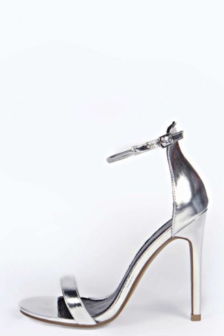 boohoo Caggie Metallic Skinny Two Part Heels silver. High heeled sandals ~ barely there ~ evening shoes ~ ankle strap party shoe