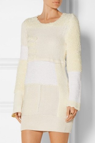 I adore this little dress…CALVIN KLEIN COLLECTION Patchwork knitted silk mini dress ivory. Designer knitwear | luxury knitted dresses - flipped