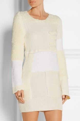 I adore this little dress…CALVIN KLEIN COLLECTION Patchwork knitted silk mini dress ivory. Designer knitwear | luxury knitted dresses