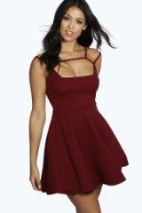 boohoo Casey Strappy Detail Skater Dress berry. Fit and flare party dresses ~ going out ~ evening fashion