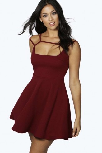 boohoo Casey Strappy Detail Skater Dress berry. Fit and flare party dresses ~ going out ~ evening fashion - flipped