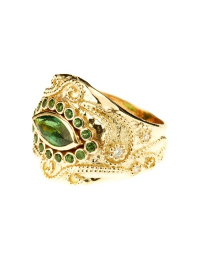 AURÉLIE BIDERMANN FINE JEWELLERY Cashmere tourmaline and diamonds yellow-gold ring – statement rings – luxury jewellery – green gemstones