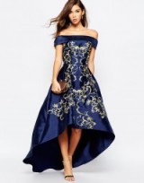 Chi Chi London Off Shoulder Midi Dress With Extreme High Low And Embroidery in Navy / Gold ~ special occasion gowns ~ event dresses ~ party & evening wear ~ off the shoulder