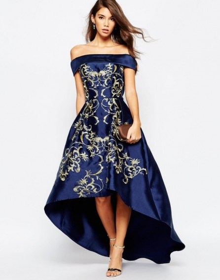 Chi Chi London Off Shoulder Midi Dress With Extreme High Low And Embroidery in Navy / Gold ~ special occasion gowns ~ event dresses ~ party & evening wear ~ off the shoulder - flipped