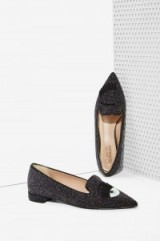 Chiara Ferragni winky face glitter pointed flats – black. Designer footwear / womens flat shoes / 3D lashes / embellished eyes