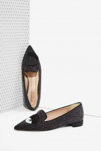 Chiara Ferragni winky face glitter pointed flats – black. Designer footwear / womens flat shoes / 3D lashes / embellished eyes - flipped