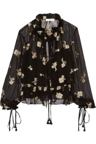 CHLOÉ Embroidered silk-chiffon top black. Designer tops | chic floral blouses | semi sheer boho style - flipped