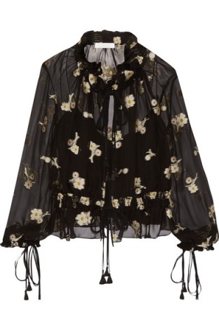 CHLOÉ Embroidered silk-chiffon top black. Designer tops | chic floral blouses | semi sheer boho style