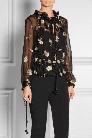Olivia Palermo style…CHLOÉ Embroidered silk-chiffon top – as worn by Olivia Palermo in a photoshoot for Holt Renfrew, October 2015. Celebrity fashion | star style | designer blouses | what celebrities wear at photoshoots