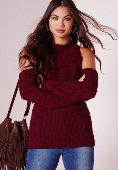 Missguided burgundy cold shoulder jumper. Knitwear – rib knit jumpers – autumn / winter style - flipped