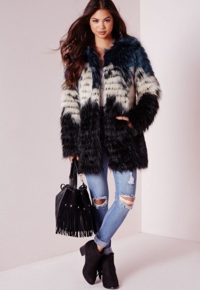 Missguided clour block faux fur coat. Winter coats – warm fluffy jackets – womens outerwear - flipped