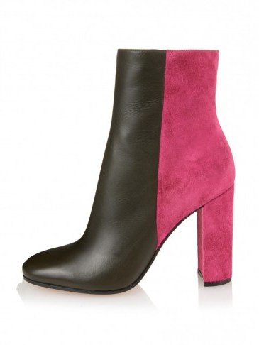 MARY KATRANTZOU Contrast block-heel leather ankle boots khaki-brown/pink suede. Designer fashion ~ winter footwear - flipped