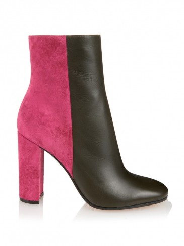 MARY KATRANTZOU Contrast block-heel leather ankle boots khaki-brown/pink suede. Designer fashion ~ winter footwear