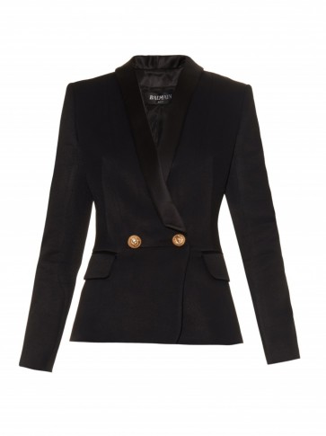 BALMAIN Contrast-lapel double-breasted jacket black ~ designer fashion ~ tailored jackets ~ smart luxury clothing