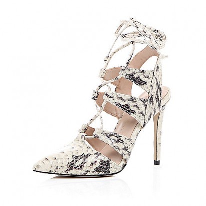 River Island cream snake print lace-up heels – glamorous animal prints – high heels – evening glamour – lace up front shoes – ankle ties